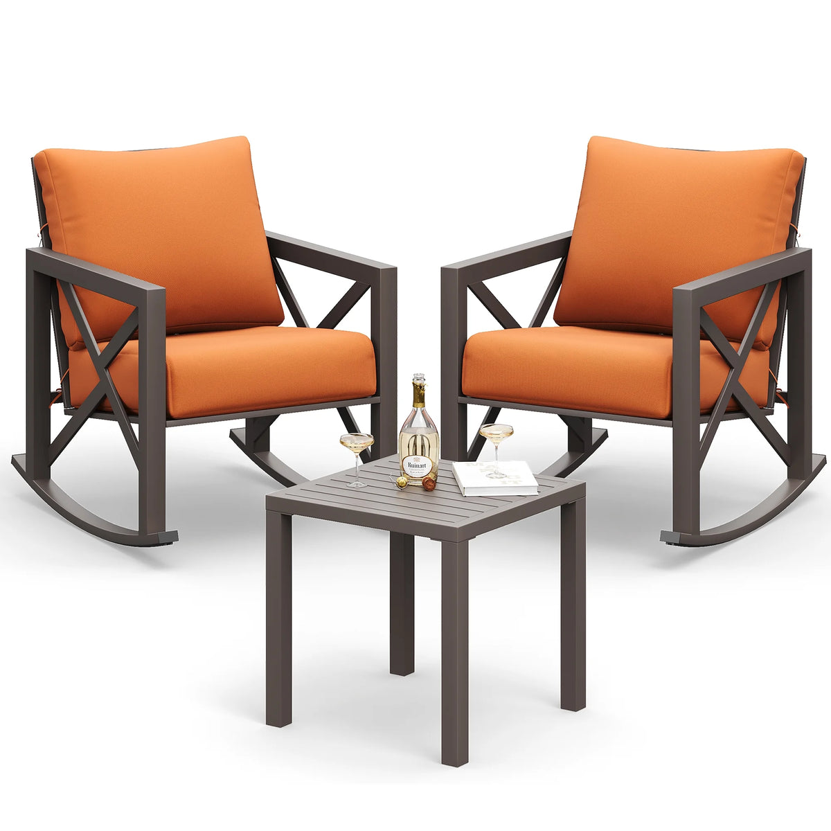 MRUAKA Rocking Chair Bistro Set,3 Piece Outdoor Patio Furniture Set with 2 Rockers and 1 Metal Coffee Table with Thick Cushions for Porch,Backyard,Poolside,Beige