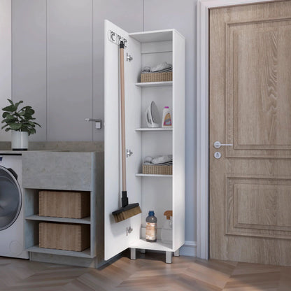 FM FURNITURE Clarno Tall Storage Cabinet, Single Door with Broom Hangers ,White