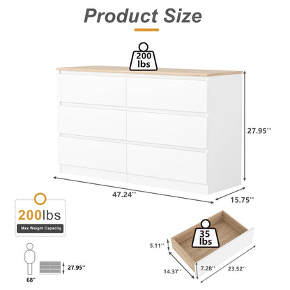 Kadyn White Chest of Drawer, 6 Double Drawer Dresser for Bedroom, Modern Storage Cabinet for Living Room, Dresser