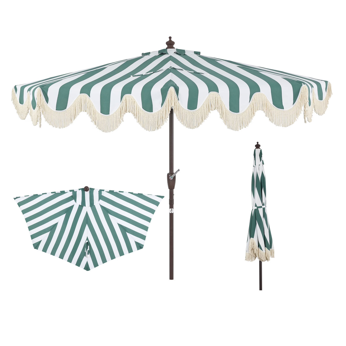 JONATHAN Y Beverly 9 ft. Half Market Patio Umbrella, Designer Classic Scalloped Fringe with Crank, Tilt Button and UV Protection, Blue/White/Cream, Dark Brown Pole