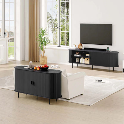 MARNUR 63" TV Stand for 70" TV, Wood Entertainment Center with Storage and Shelves, 2 Sliding Tambour Doors, Mid-Century Modern, Walnut