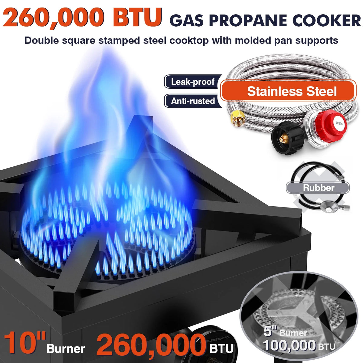 Frizi 1-Burner Propane Gas Outdoor Stove �C 260,000 BTU,  0-30 PSI Adjustable Regulator & Steel-Braided Hose