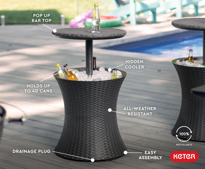 Keter Pacific 7.5 Gallon Cool Bar 2 in 1 Weather Resistant Side Table and Bar Durable Resin Outdoor Patio Beverage Cooler Table, Rattan Look Brown