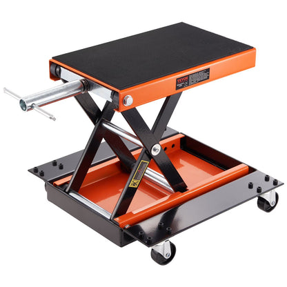HCY Motorcycle Lift, 1100 LBS Motorcycle Lift ATV Scissor Lift Jack with Dolly & Hand Crank, Center Hoist Crank Stand with Wide Deck & Tool Tray for Street Bikes, Cruiser Bikes, Touring Motorcycles