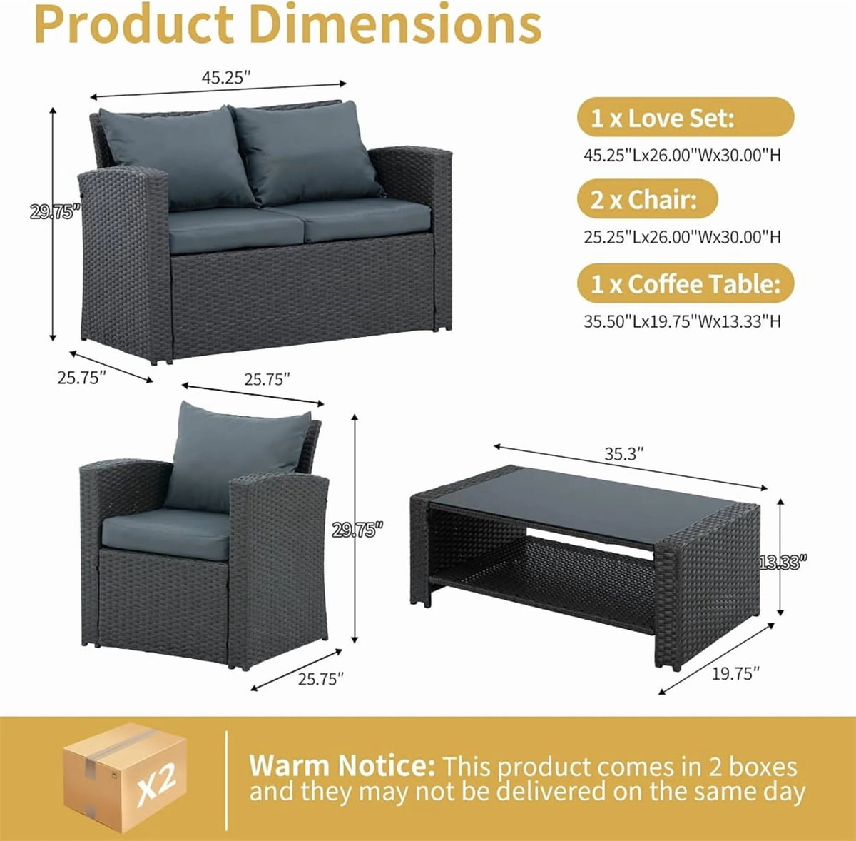 4 Pieces Patio Conversation Set, Outdoor Furniture Set with Cushion, Outside Sectional Rattan Wicker Sofa Furniture Set for Garden, Porch, Backyard, Gray