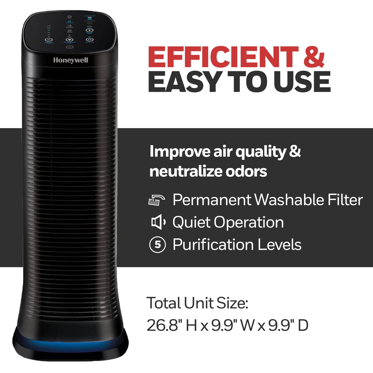Honeywell Air Genius 5 Air Purifier with Washable Filter, Large Rooms, 250 sq ft, Black, HFD320