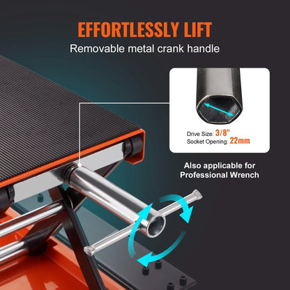 HCY Motorcycle Lift, 1100 LBS Motorcycle Lift ATV Scissor Lift Jack with Dolly & Hand Crank, Center Hoist Crank Stand with Wide Deck & Tool Tray for Street Bikes, Cruiser Bikes, Touring Motorcycles