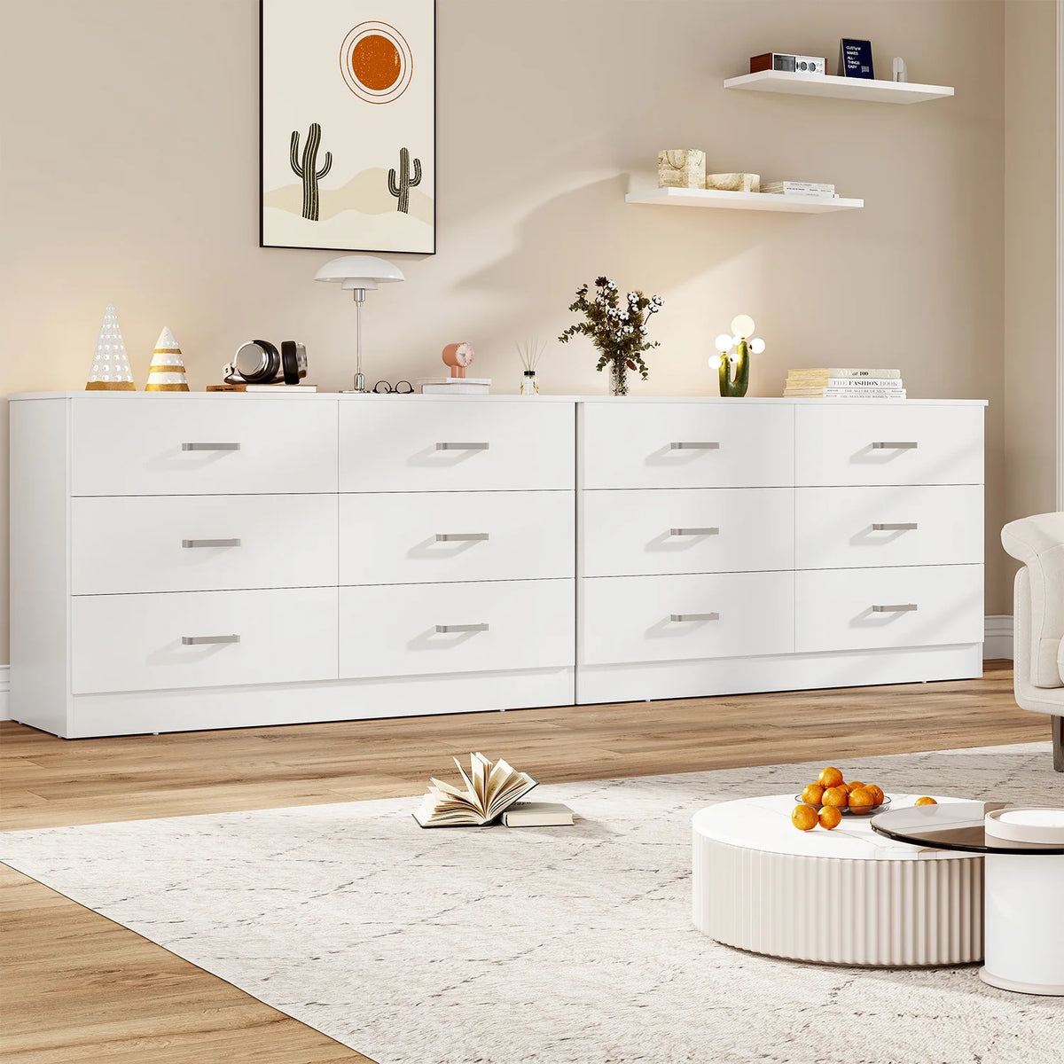 Winkalon 6 Drawer White Double Dresser, Wood Storage Cabinet with Easy Pull Out Handles for Living Room,Chest of Drawers for Bedroom