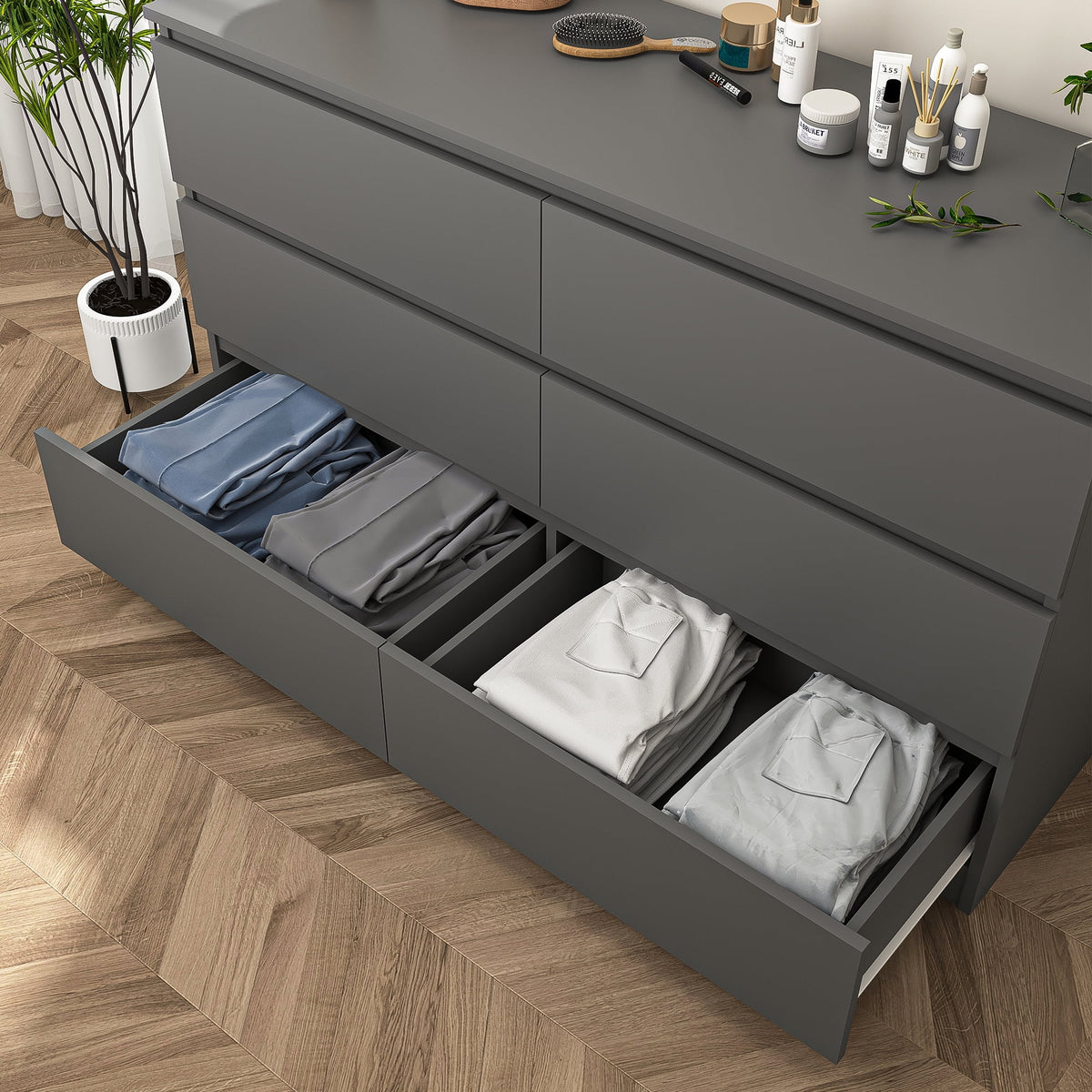 Kadyn White Chest of Drawer, 6 Double Drawer Dresser for Bedroom, Modern Storage Cabinet for Living Room, Dresser