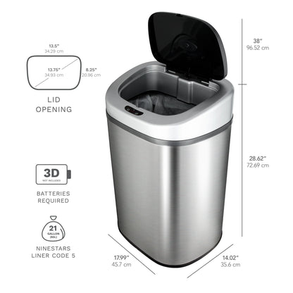 Nine Stars Automatic Trash Can, 21 Gallon Stainless Steel, Motion Sensor Hands Free Soft Close Lid Garbage Bin, Silver