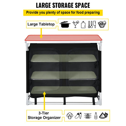 Camping Kitchen Station, Aluminum Portable Folding Cook Table with Storage Organizer and Carrying Bag, Quick Installation for Outdoor BBQ Party Backyards and Tailgating, Black