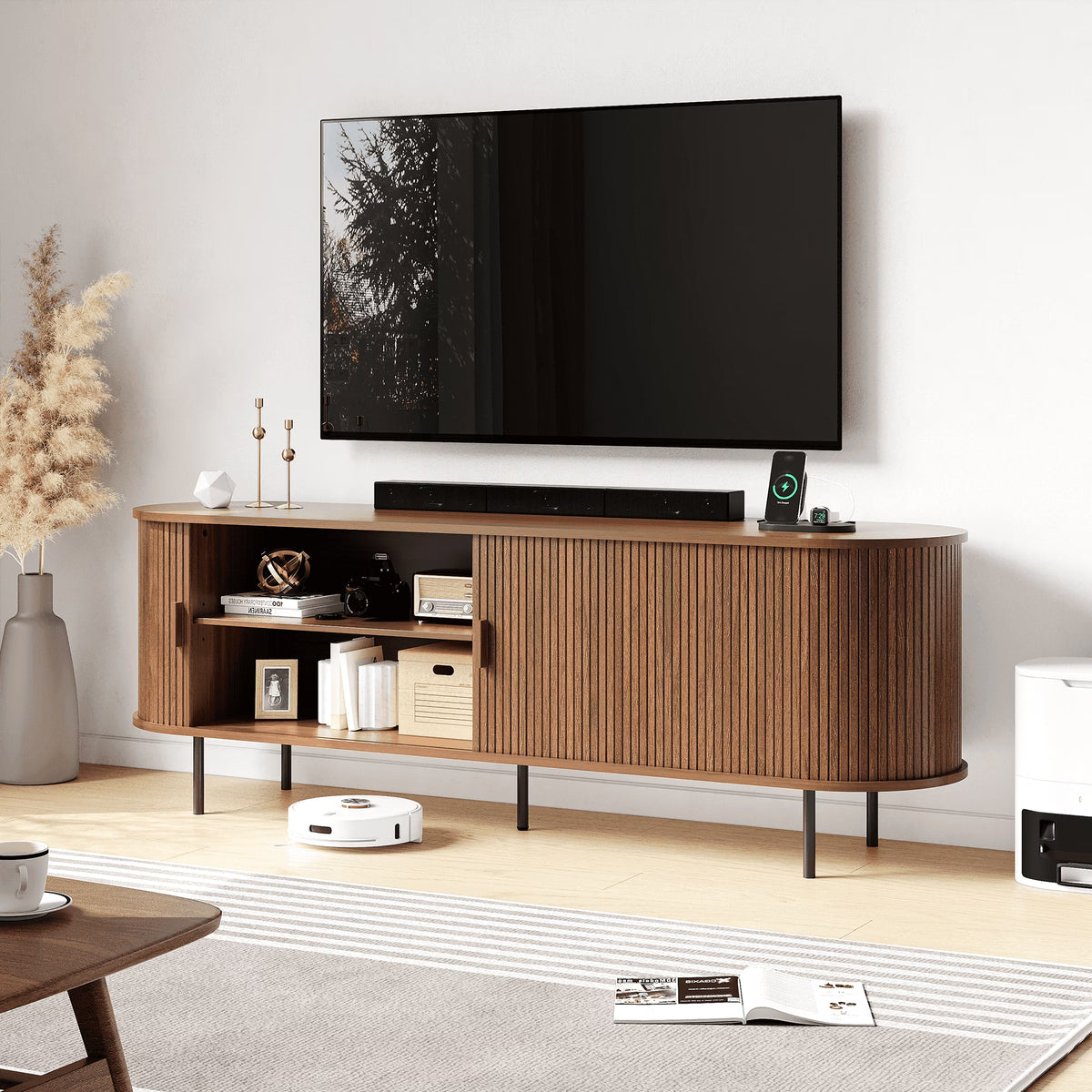 MARNUR 63" TV Stand for 70" TV, Wood Entertainment Center with Storage and Shelves, 2 Sliding Tambour Doors, Mid-Century Modern, Walnut