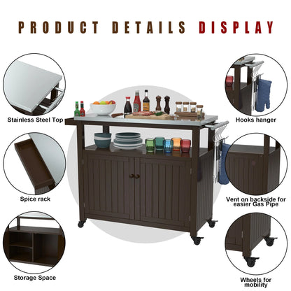 Outdoor Prep Table Grill Station, Solid Wood Movable Dining Cart Table, Dark Brown