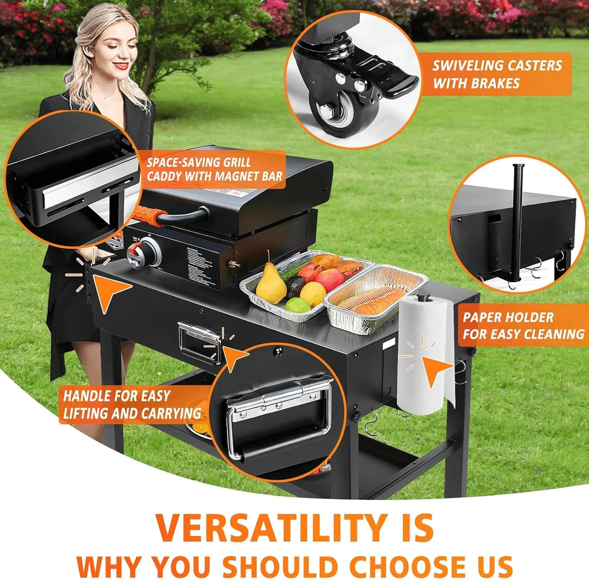 Foldable Grill Table Cart for Ninja Woodfire OG700, Blackstone Portable Griddle, Weber, Ooni Pizza Oven �C Portable Outdoor BBQ Prep Stand with Caddy, Ideal for Camping and Tailgating