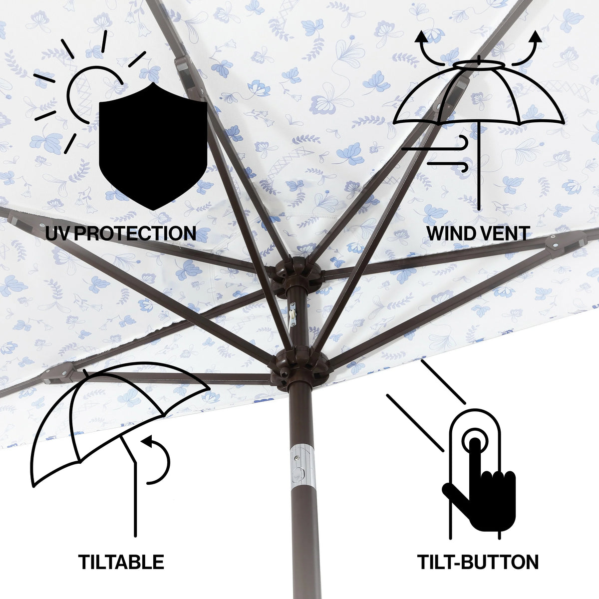 JONATHAN Y Beverly 9 ft. Half Market Patio Umbrella, Designer Classic Scalloped Fringe with Crank, Tilt Button and UV Protection, Blue/White/Cream, Dark Brown Pole