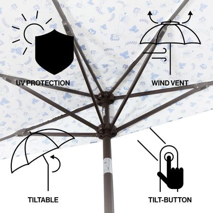 JONATHAN Y Beverly 9 ft. Half Market Patio Umbrella, Designer Classic Scalloped Fringe with Crank, Tilt Button and UV Protection, Blue/White/Cream, Dark Brown Pole