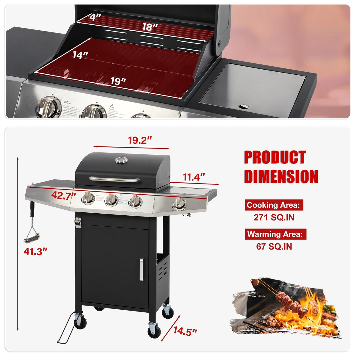 4-Burner Gas Grill with 4 Universal Wheels & Bottle Opener, 40000BTU Outdoor Grill with Side Table for Camping, Black & Sliver