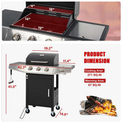 4-Burner Gas Grill with 4 Universal Wheels & Bottle Opener, 40000BTU Outdoor Grill with Side Table for Camping, Black & Sliver