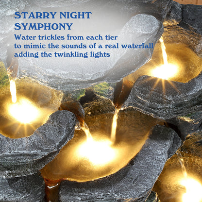 Magic Union 7-Tier Cascading Rock Water Fountain, 24" H Outdoor Freestanding Fountain with LED Lights and Pump, Outdoor Garden Waterfall Decor for Patio, Yard and Deck Decor, Natural Stone Look