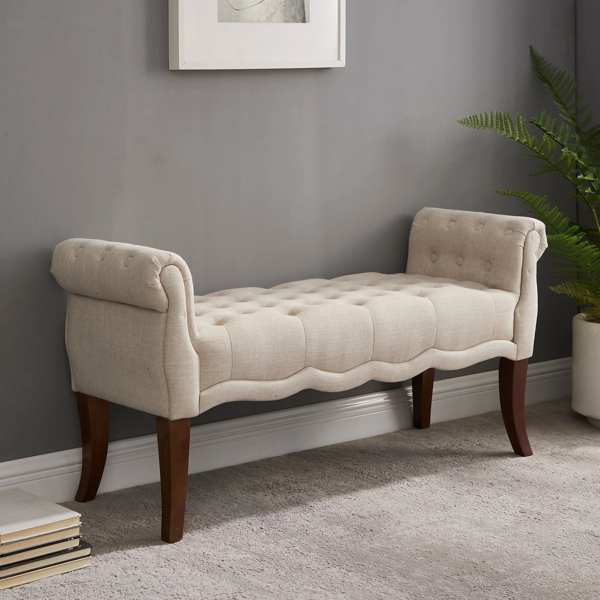 Linon Menlo Rolled Arm Button Tufted Bench, Dark Walnut Finish with Natural Fabric
