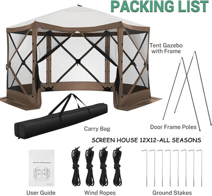COBIZI 12x12 Pop Up Canopy Gazebo, Outdoor Canopy Tent Screen House with 5 sidewalls and Netting for Camping, Waterproof, UV Resistant, Ez Set-up Party Tent with Carrying Bag and Ground Stakes,Brown