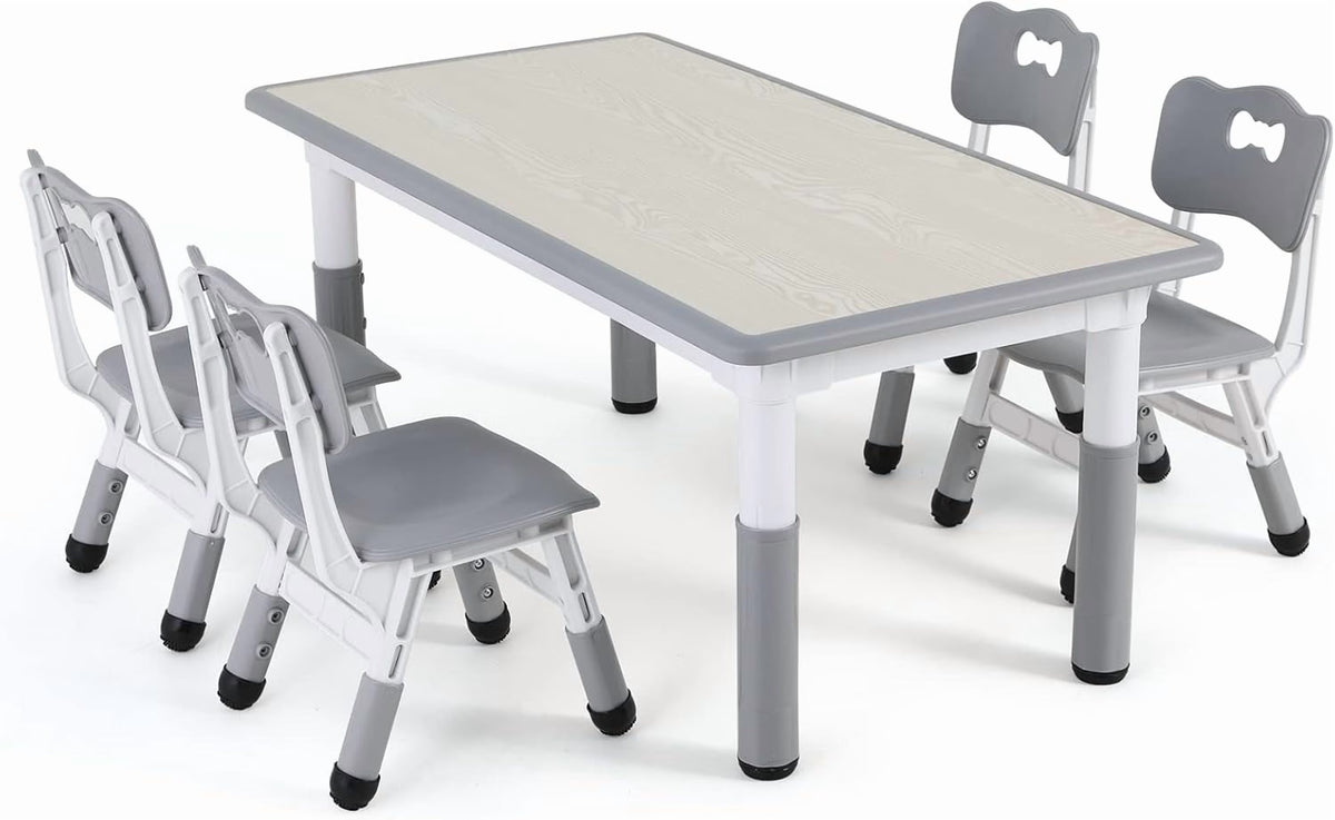 LAZY BUDDY Kids Table and 4 Chairs Set, Height Adjustable Toddler Desk with Graffiti Desktop, Kids Activity Table Set for Daycare, Home