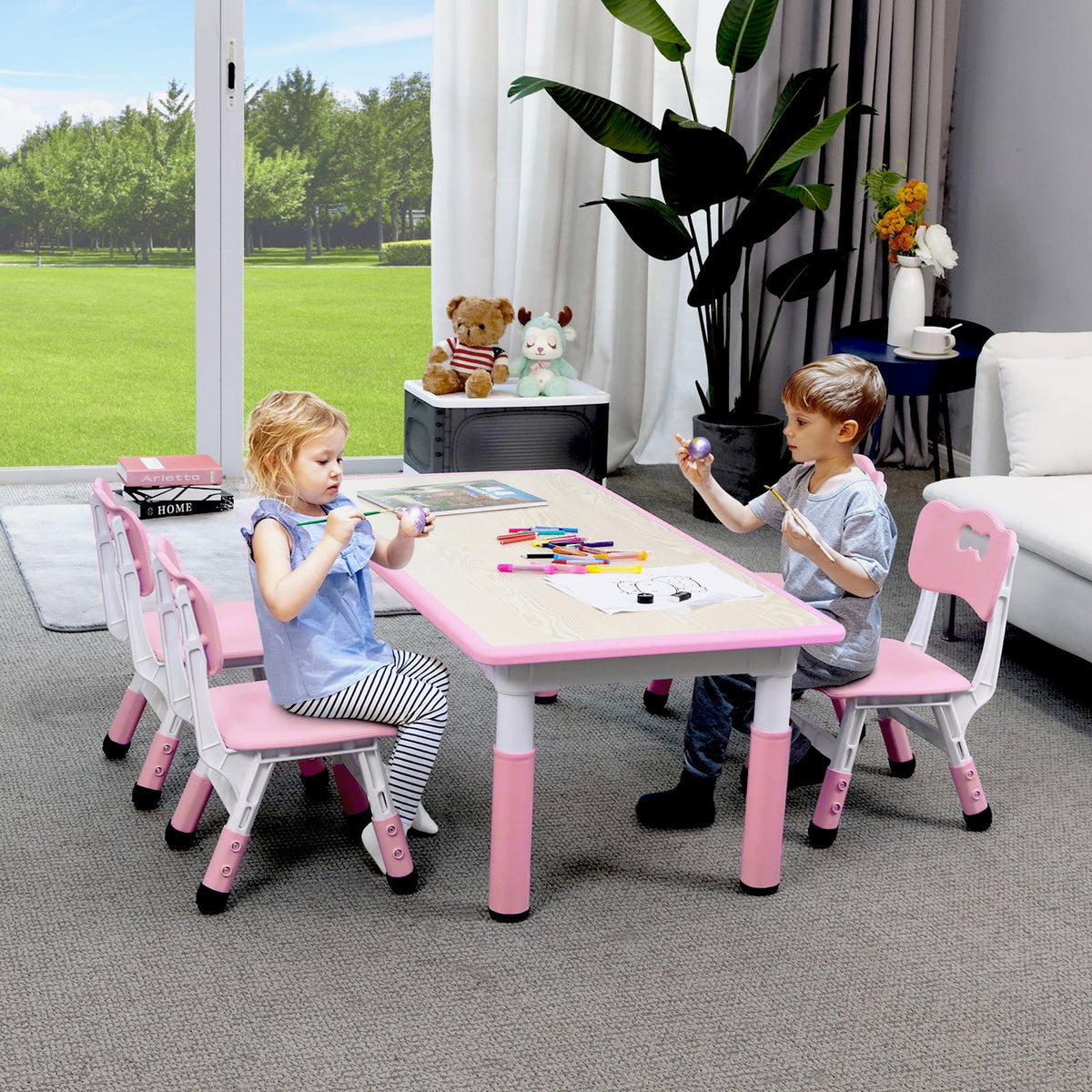LAZY BUDDY Kids Table and 4 Chairs Set, Height Adjustable Toddler Desk with Graffiti Desktop, Kids Activity Table Set for Daycare, Home