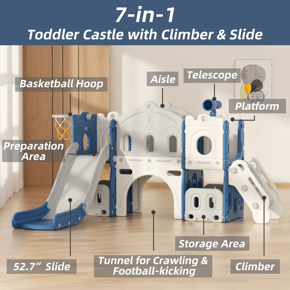 XJD 8-in-1 Toddler Slide Climber, Slide Set Playground for Kids, Slide Toddlers Climber and Slide Set with Basketball Hoop and Ball, Slide for Toddlers Age 12 Month +(Blue)