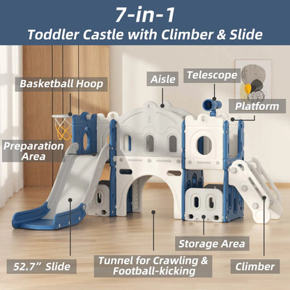 XJD 8-in-1 Toddler Slide Climber, Slide Set Playground for Kids, Slide Toddlers Climber and Slide Set with Basketball Hoop and Ball, Slide for Toddlers Age 12 Month +(Blue)
