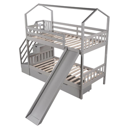 Bellemave Twin Over Twin House Bunk Bed with Slide and Stairs,Wooden Bunk Bed with Storage Drawers,Playhouse Bed for Kids,Teens(Gray)