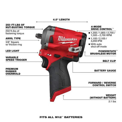 M12 FUEL 12V Lithium-Ion Brushless Cordless Stubby 3/8 in. Impact Wrench & 3/8 in. Ratchet with two 3.0 Ah Batteries