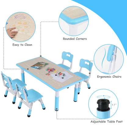 LAZY BUDDY Kids Table and 4 Chairs Set, Height Adjustable Toddler Desk with Graffiti Desktop, Kids Activity Table Set for Daycare, Home