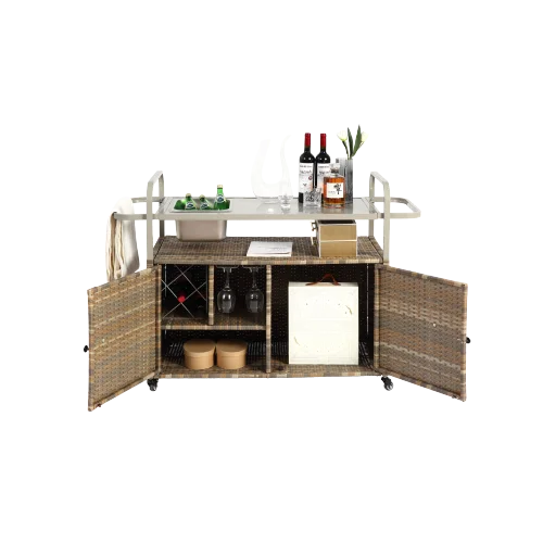 Yiweny Outdoor Rolling Wicker Bar Cart, Large Portable Outdoor Wicker Bar Table with Cabinet Storage and Glass Countertop, Patio Wicker Serving Bar Cart for Pool, Party, Backyard, Black