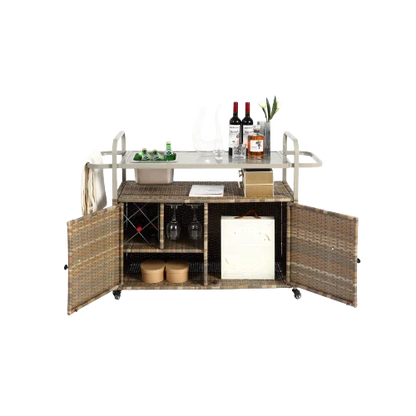 Yiweny Outdoor Rolling Wicker Bar Cart, Large Portable Outdoor Wicker Bar Table with Cabinet Storage and Glass Countertop, Patio Wicker Serving Bar Cart for Pool, Party, Backyard, Black