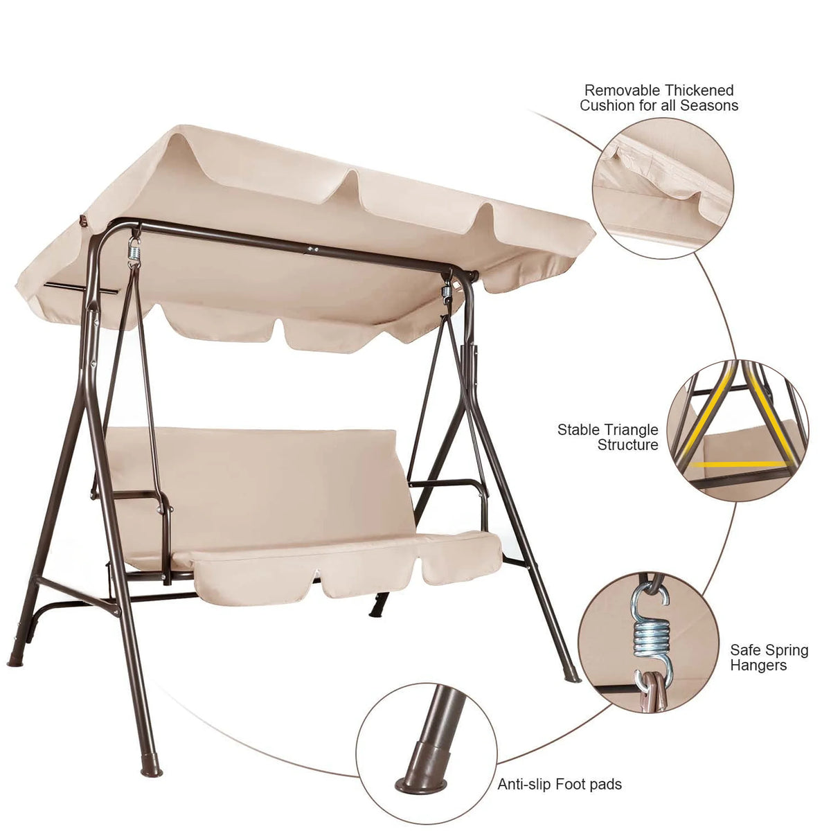 GVDV 3-Seat Steel Porch Paito Swing with Stand,Outdoor Swing Chair with Canopy,Yard swing&Outside swing,Canopy Swing-Brown