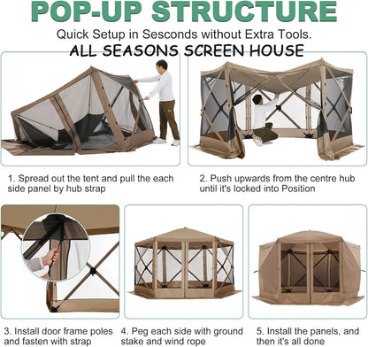 COBIZI 12x12 Pop Up Canopy Gazebo, Outdoor Canopy Tent Screen House with 5 sidewalls and Netting for Camping, Waterproof, UV Resistant, Ez Set-up Party Tent with Carrying Bag and Ground Stakes,Brown