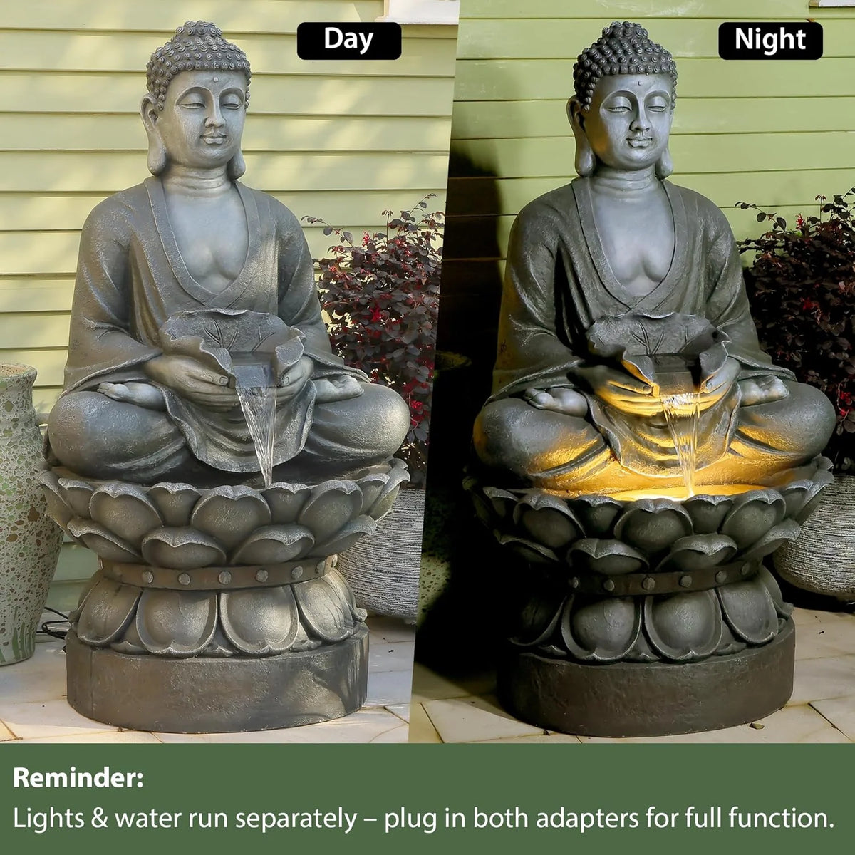 Buddha Water Fountain Outdoor Large Sitting Lotus Base Waterfall Fountains Zen Water Feature Indoor with LED Light for Garden Patio Backyard Deck Lawn Porch Balcony Home 45 inches Gold