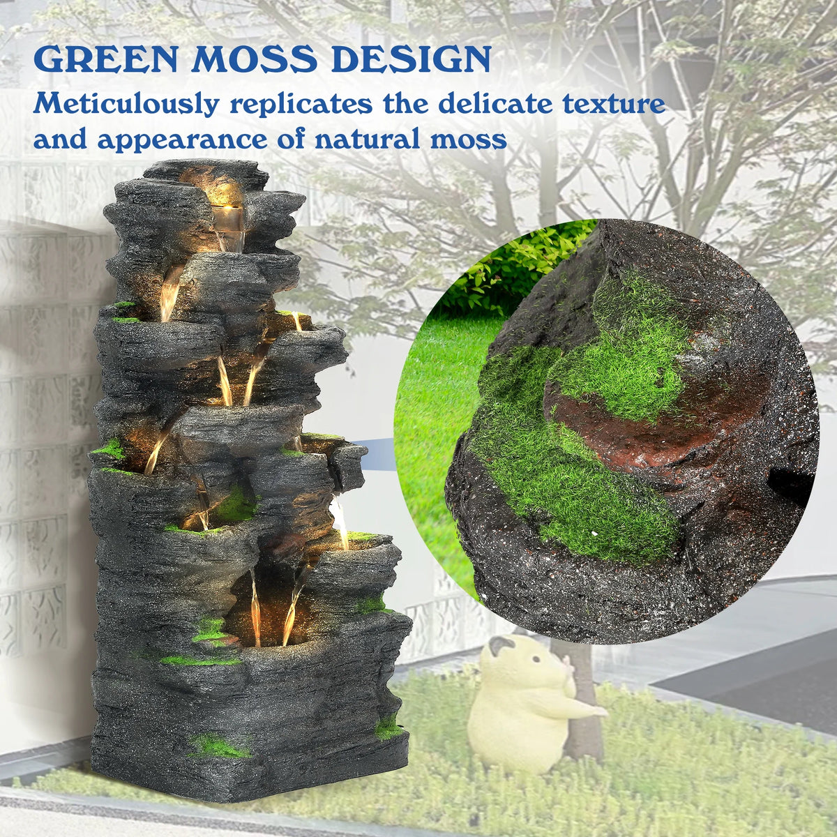 Magic Union 7-Tier Cascading Rock Water Fountain, 24" H Outdoor Freestanding Fountain with LED Lights and Pump, Outdoor Garden Waterfall Decor for Patio, Yard and Deck Decor, Natural Stone Look