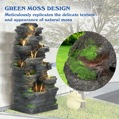 Magic Union 7-Tier Cascading Rock Water Fountain, 24" H Outdoor Freestanding Fountain with LED Lights and Pump, Outdoor Garden Waterfall Decor for Patio, Yard and Deck Decor, Natural Stone Look