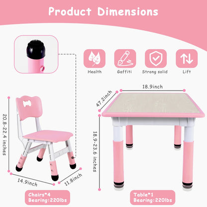 LAZY BUDDY Kids Table and 4 Chairs Set, Height Adjustable Toddler Desk with Graffiti Desktop, Kids Activity Table Set for Daycare, Home